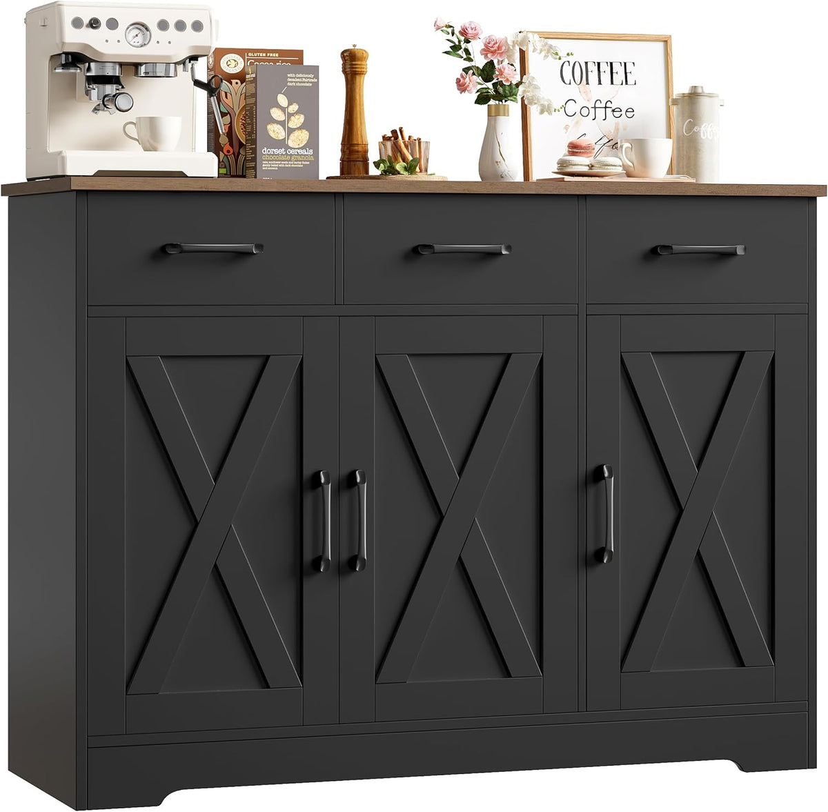 Credenza HOCSOK, 3 cassetti, 38,5 × 108 × 81 cm, legno, Nero, regolabile, per soggiorno e sala da pranzo