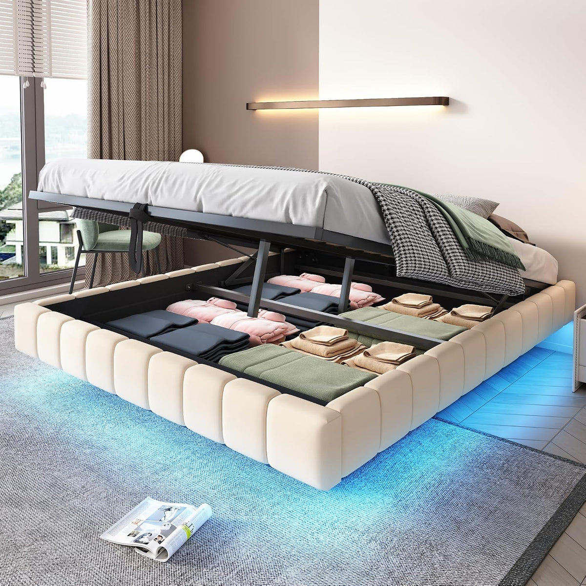 Letto Kebnor, imbottito, 160 × 200 cm, Beige, lino, per camera da letto
