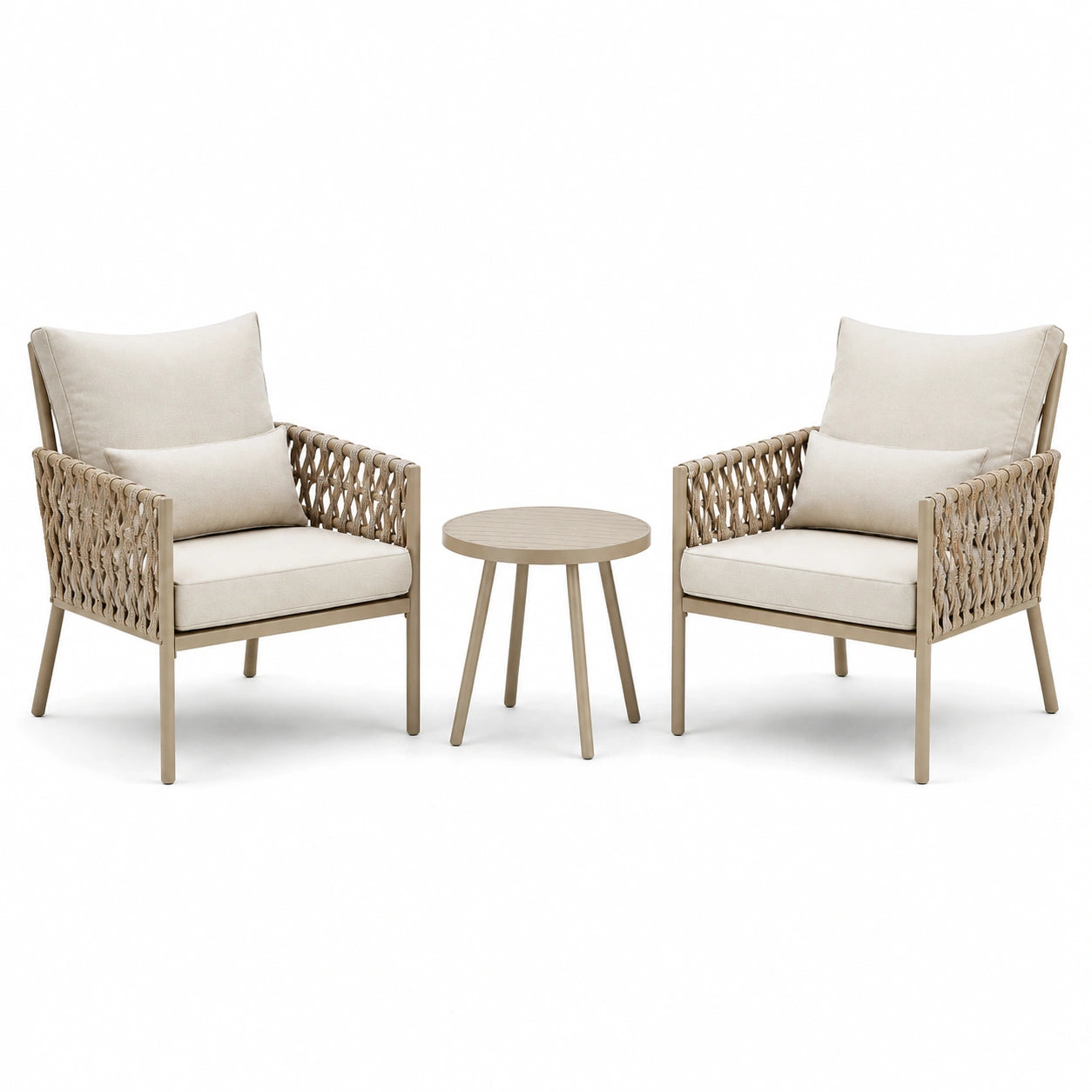 Set da giardino con struttura in alluminio, poltrone e tavolino rotondo beige