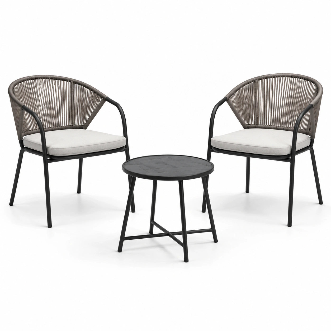 Set bistrot da giardino in metallo e corda con sedie e tavolino