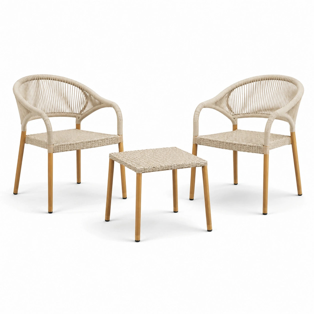Set giardino con sedie e tavolino in legno e rattan PE beige