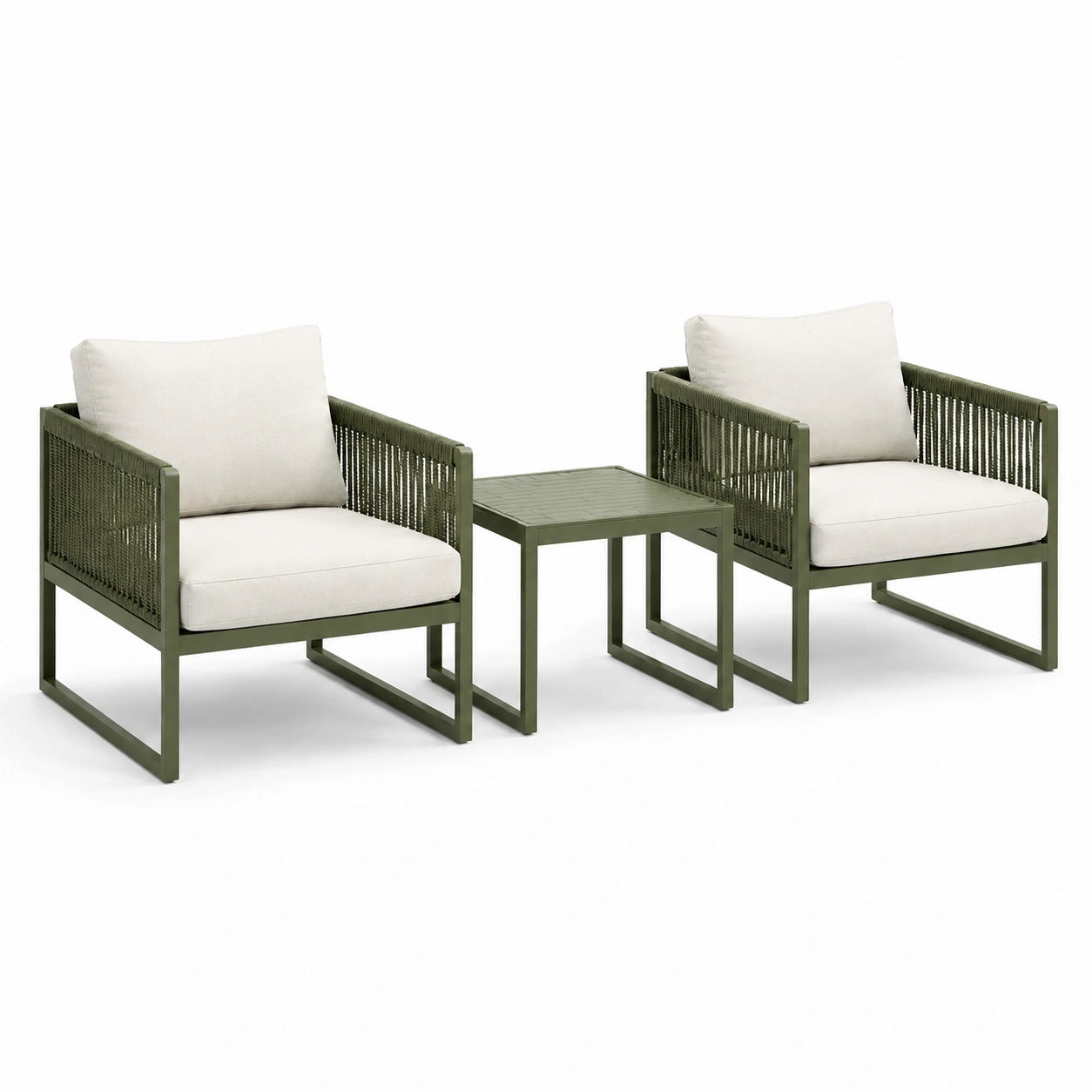 Set da giardino in metallo e tessuto verde oliva con cuscini beige