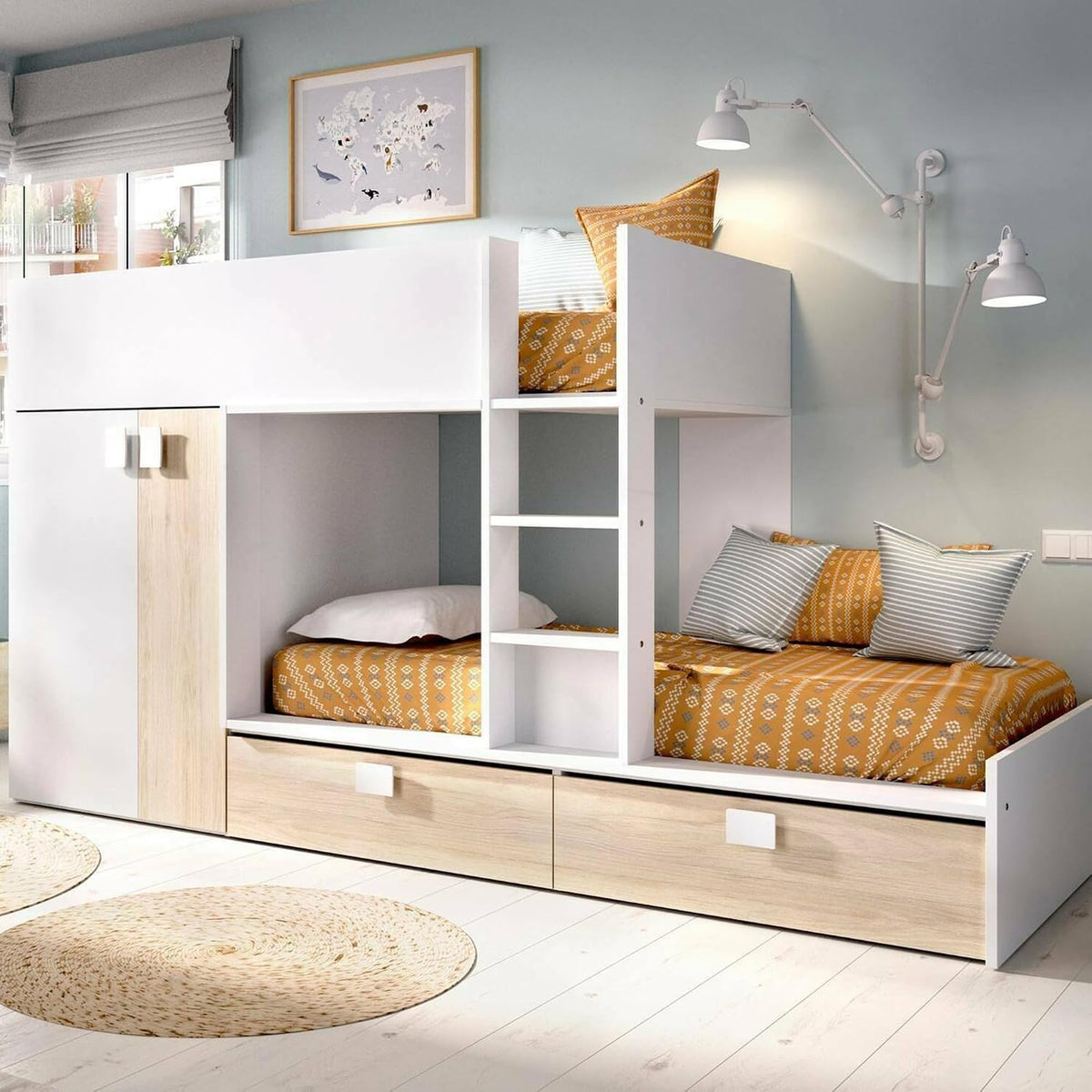 Letto a castello Dmora, alluminio, Bianco e rovere, per camera da letto, 275x108h150 cm