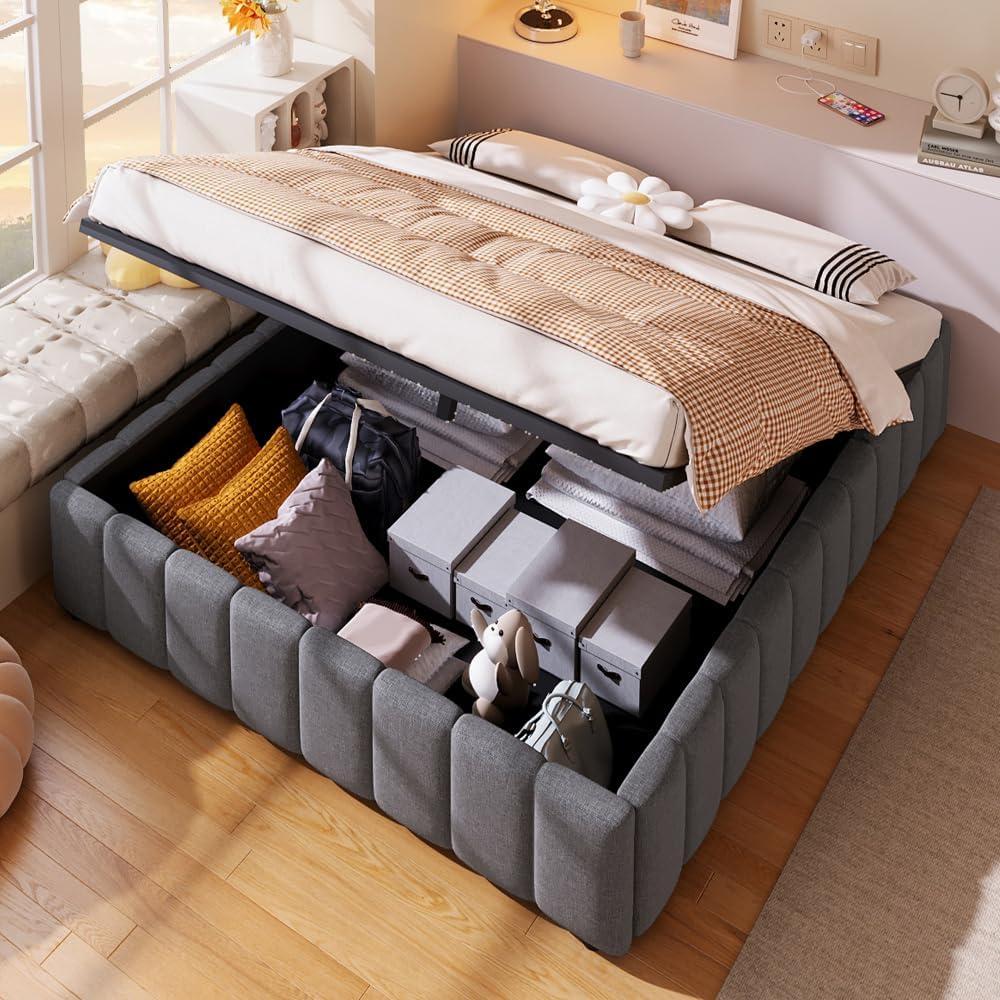 Lubvtti Letto, matrimoniale, 140 × 200 cm, Grigio, lino, tessuto, con contenitore, imbottito, materasso non incluso, per camera da letto