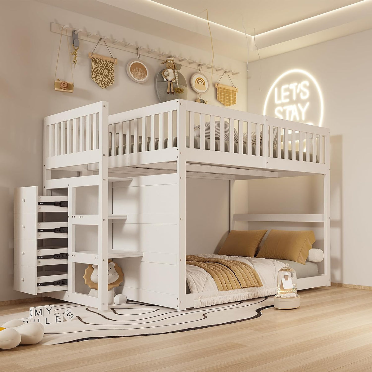 Letto a castello CelticHearth, 140 × 200 cm, 247 × 145 × 135,5 cm, Bianco, legno, per camera da letto