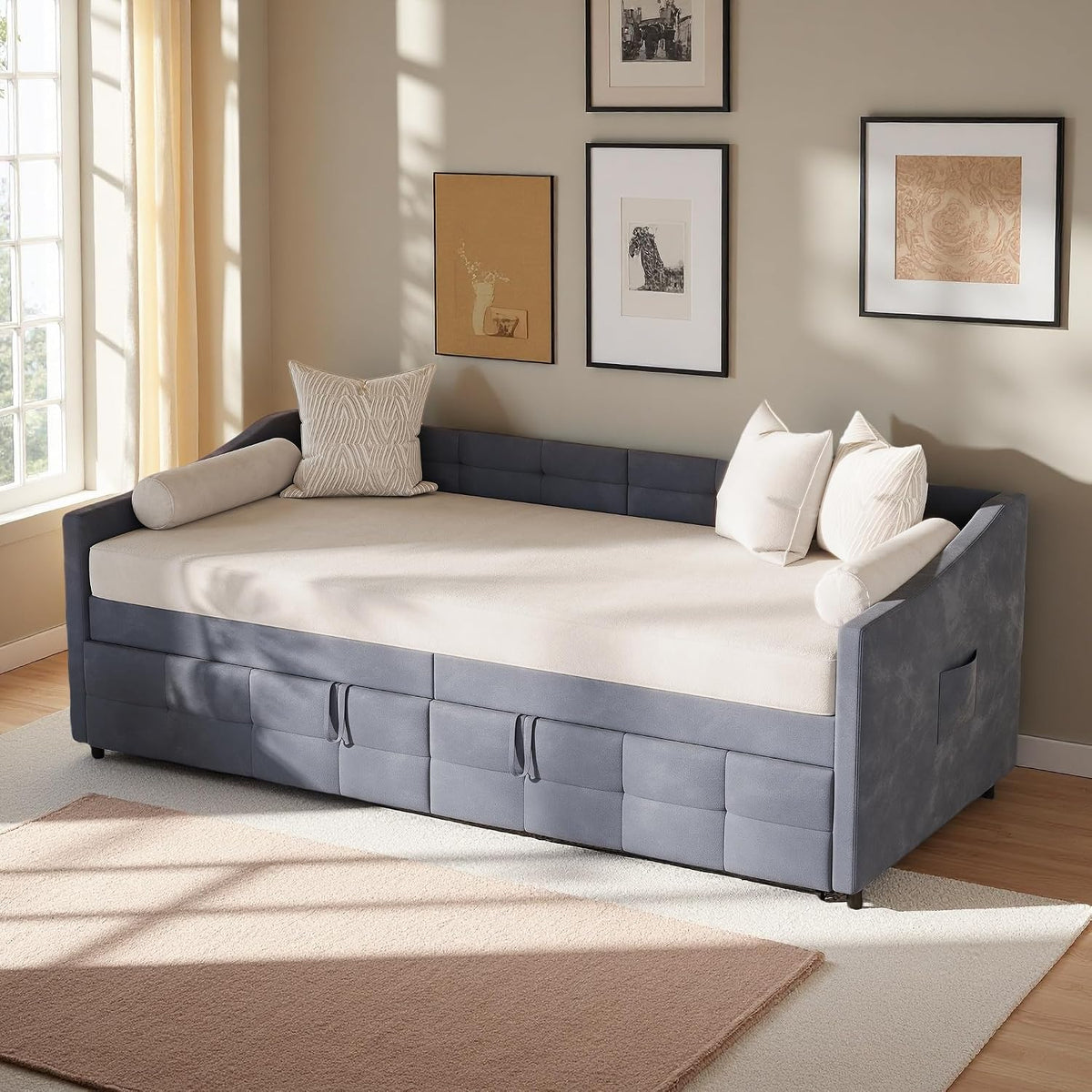 KeepGoon Divano letto, singolo, 90 × 200 cm, Grigio, tessuto, allungabile, con rete a doghe, per soggiorno