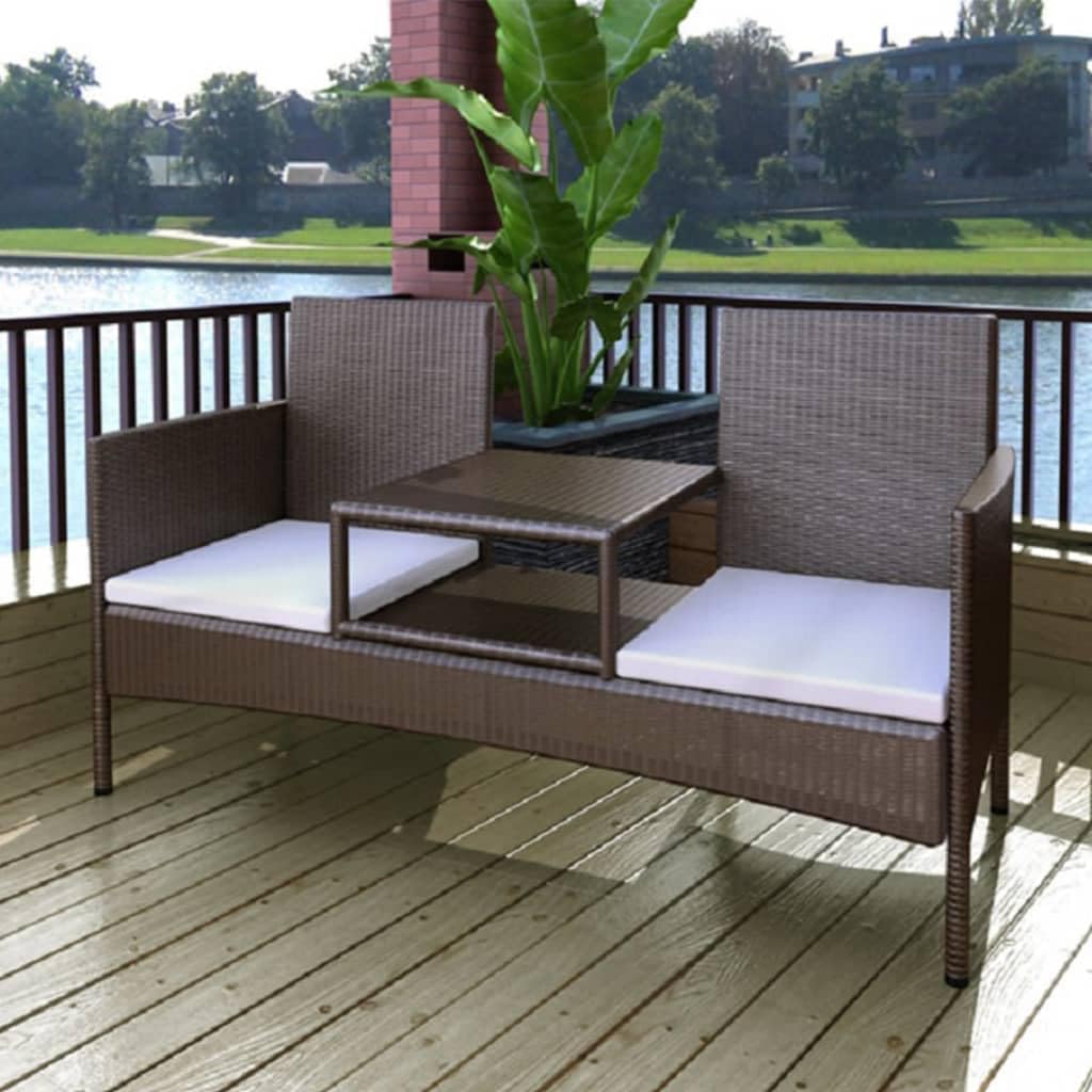 SKTQYQO Divano, 2 posti, Marrone, acciaio, rattan, con cuscini, con tavolino, per giardino e terrazzo