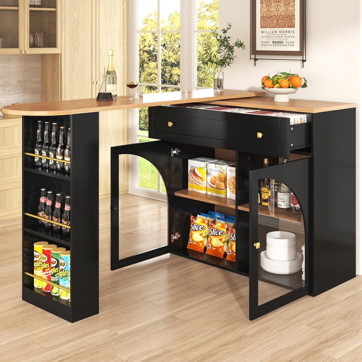 Tavolo da pranzo Ligterra, allungabile, 204 × 39 × 104cm, Nero, vetro, per sala da pranzo e cucina