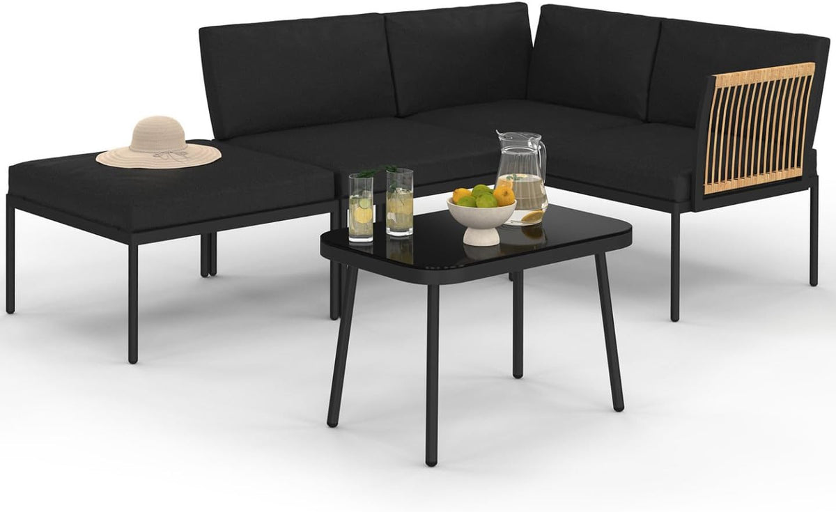Set di mobili da giardino IDMarket, 4 posti, metallo, rattan, Nero, per giardino e terrazzo