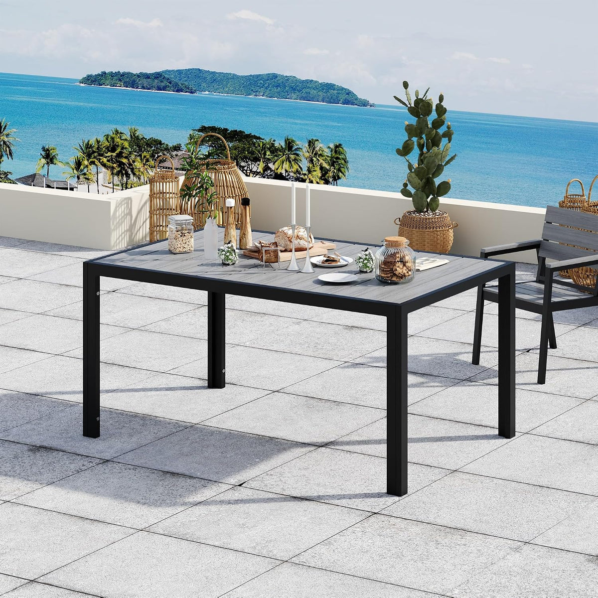 Tavolo da pranzo da giardino Devoko, 150 × 80 × 74 cm, Grigio, legno, per giardino e terrazzo