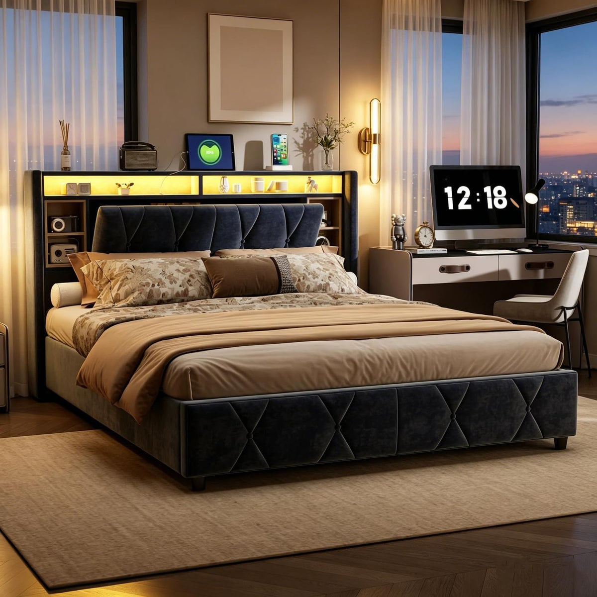 Letto contenitore BRILVERDE, matrimoniale, 140 × 200 cm, velluto, Grigio, con contenitore, con rete a doghe, imbottito, per camera da letto