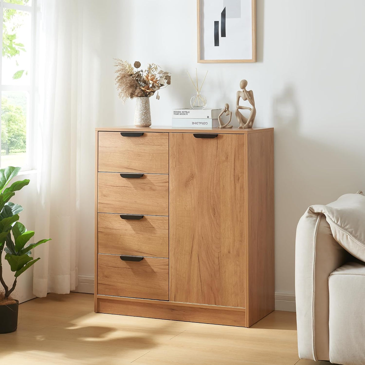 Cassettiera en.casa, 90 × 80 × 40 cm, 4 cassetti, Rovere, per soggiorno e camera da letto