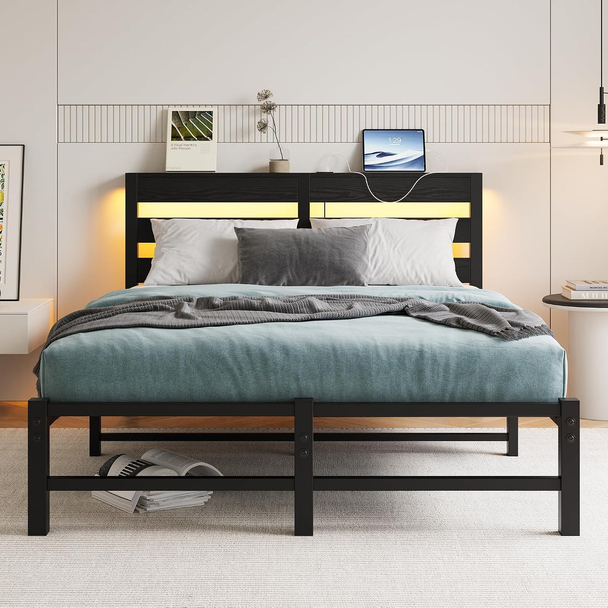 Struttura letto VERFARM, matrimoniale, 135 × 190 cm, legno, metallo, con porta USB, per camera da letto