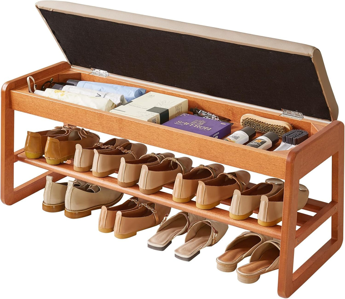 Panca contenitore Aibiju, YD-WD062C, con cuscino, imbottito, 100 cm, Ciliegio, legno, per soggiorno