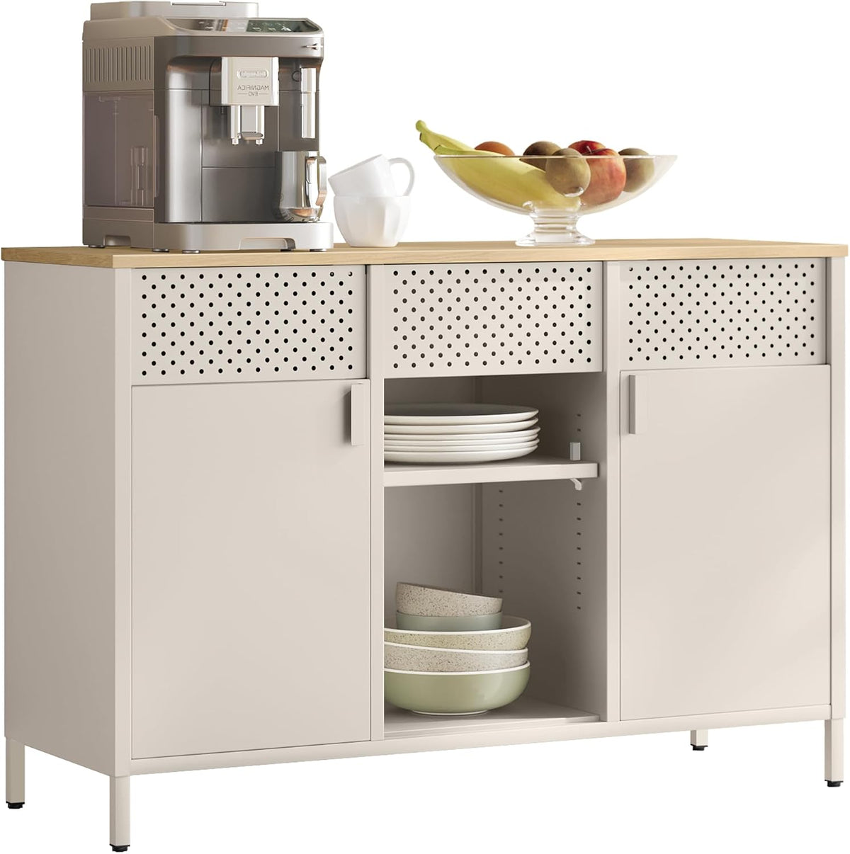 SONGMICS Credenza, LSC204LF01, Beige/Rovere/Naturale, 40 × 110 × 76 cm, acciaio, metallo, regolabile, per soggiorno
