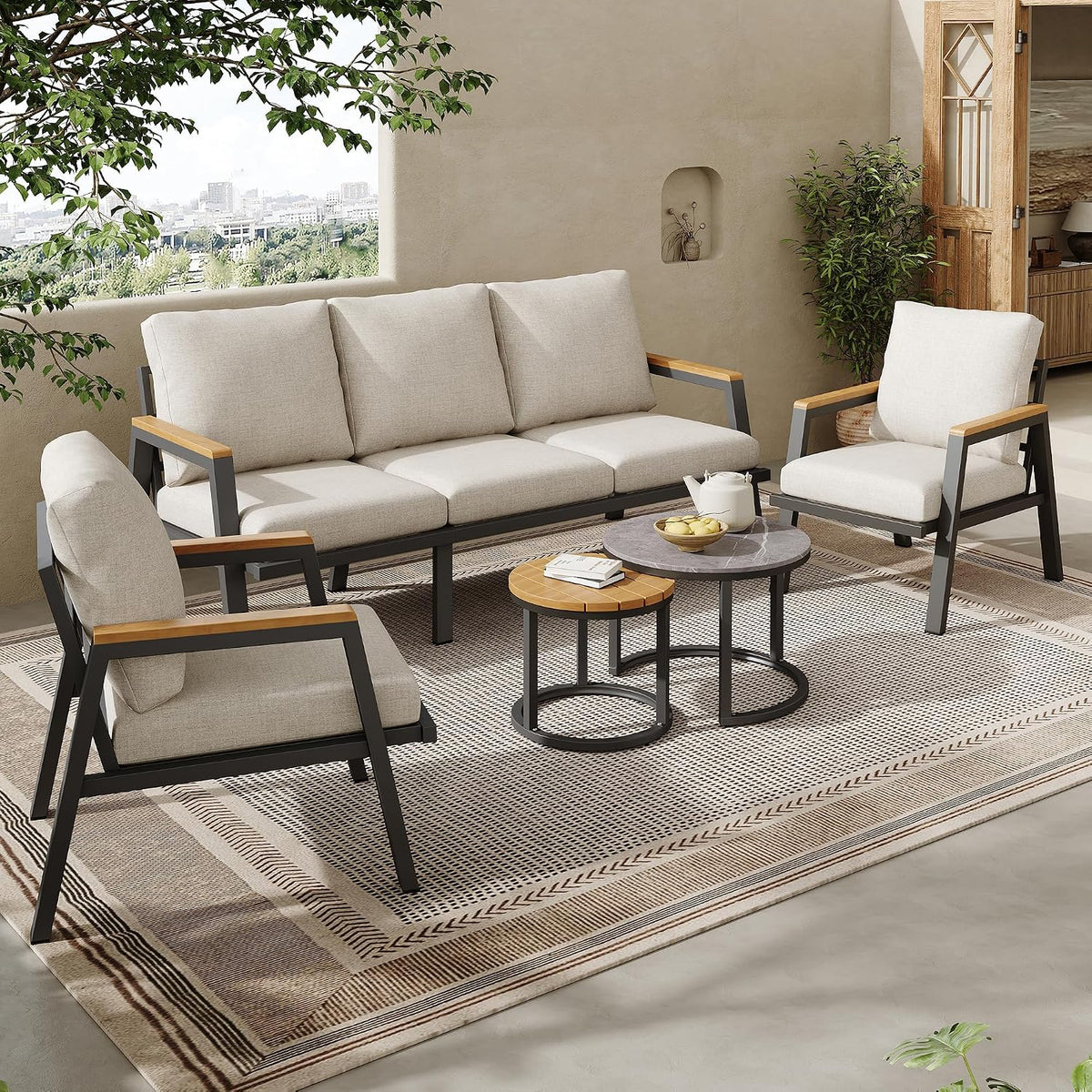 Set da pranzo da giardino Idemon, 3 posti, 2 poltrone, legno, acciaio, Grigio, per giardino e terrazzo