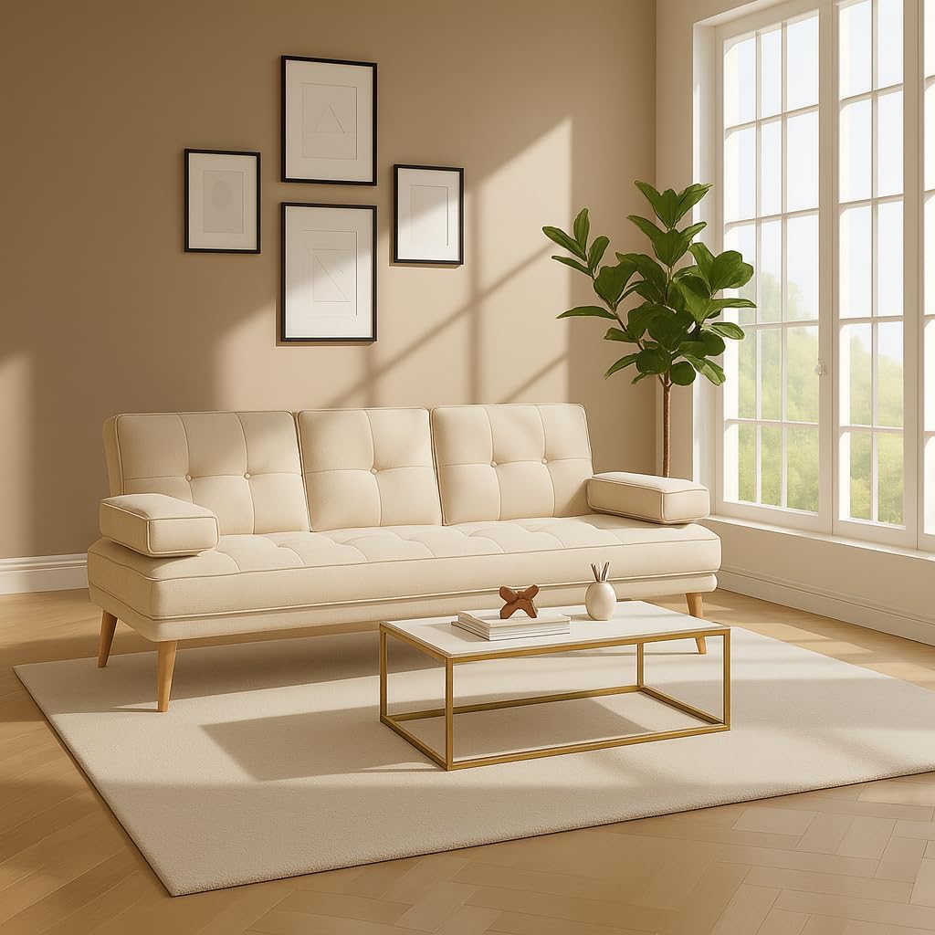 Divano letto DecHome, 3 posti, 181 × 77 × 78 cm, lino, tessuto, Beige, regolabile, con braccioli, per soggiorno