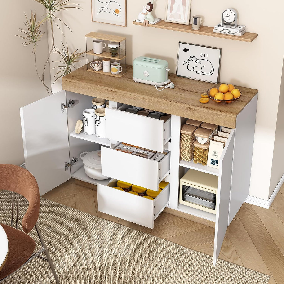 Credenza Aislinglen, 3 cassetti, 2 ante, Bianco, 120 × 40 × 82 cm, legno, per soggiorno