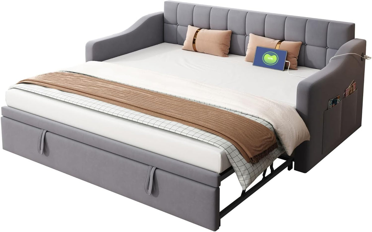 Divano letto Billg, 2 posti, matrimoniale, 90 × 190cm, MDF, metallo, Grigio, trasformabile, con funzione letto, con braccioli, con rete a doghe