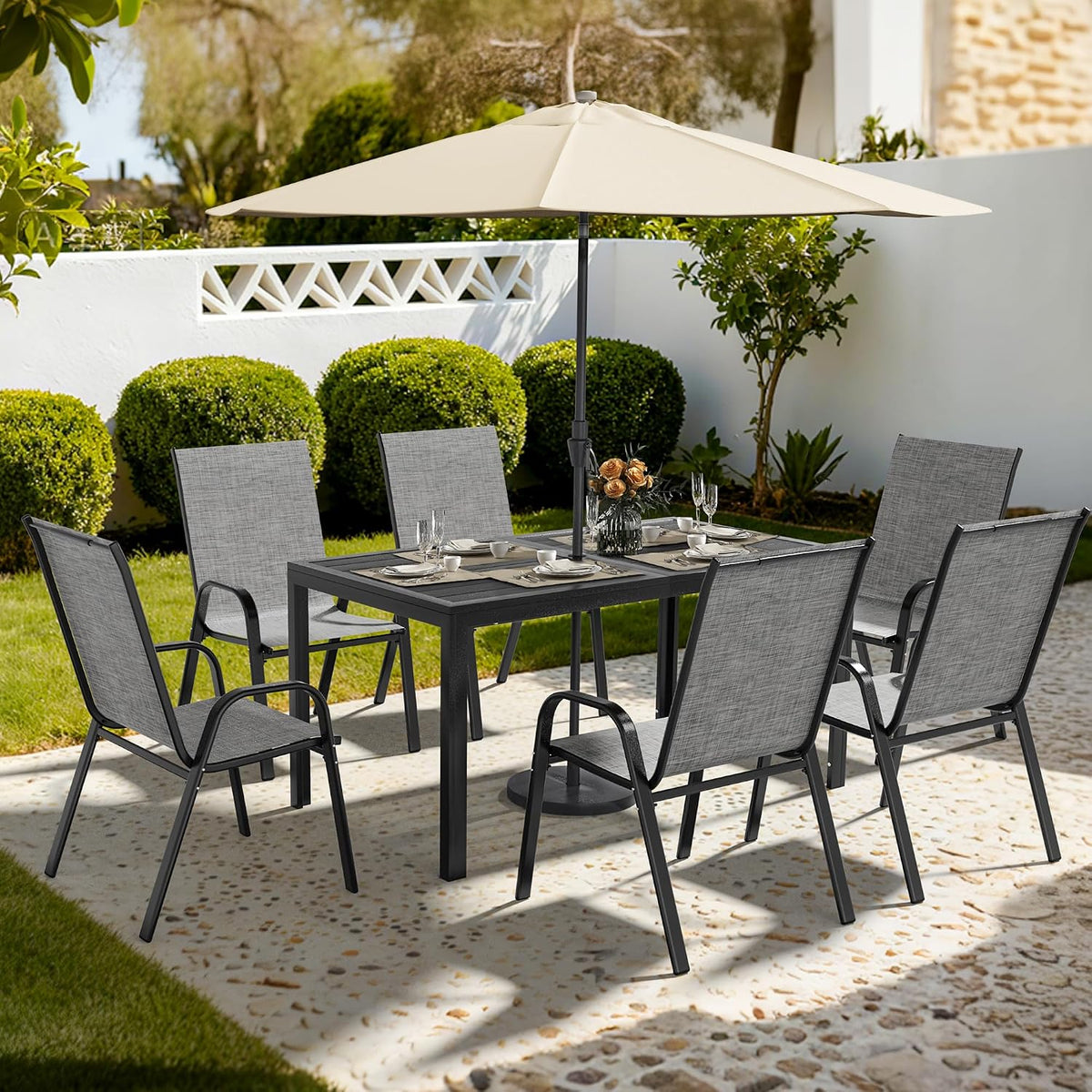 Set da pranzo Pamapic, 7 pezzi, 6 sedie, acciaio, textilene, Grigio, per giardino e terrazzo