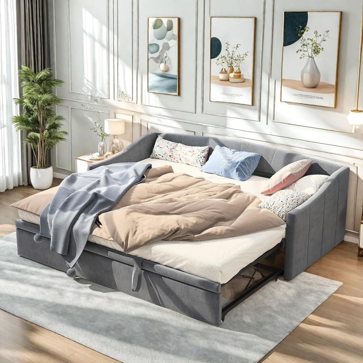 Divano letto ZHDOKA, 2 posti, matrimoniale, 180 × 200 cm, Grigio, trasformabile, con funzione letto, con rete a doghe, imbottito, per soggiorno