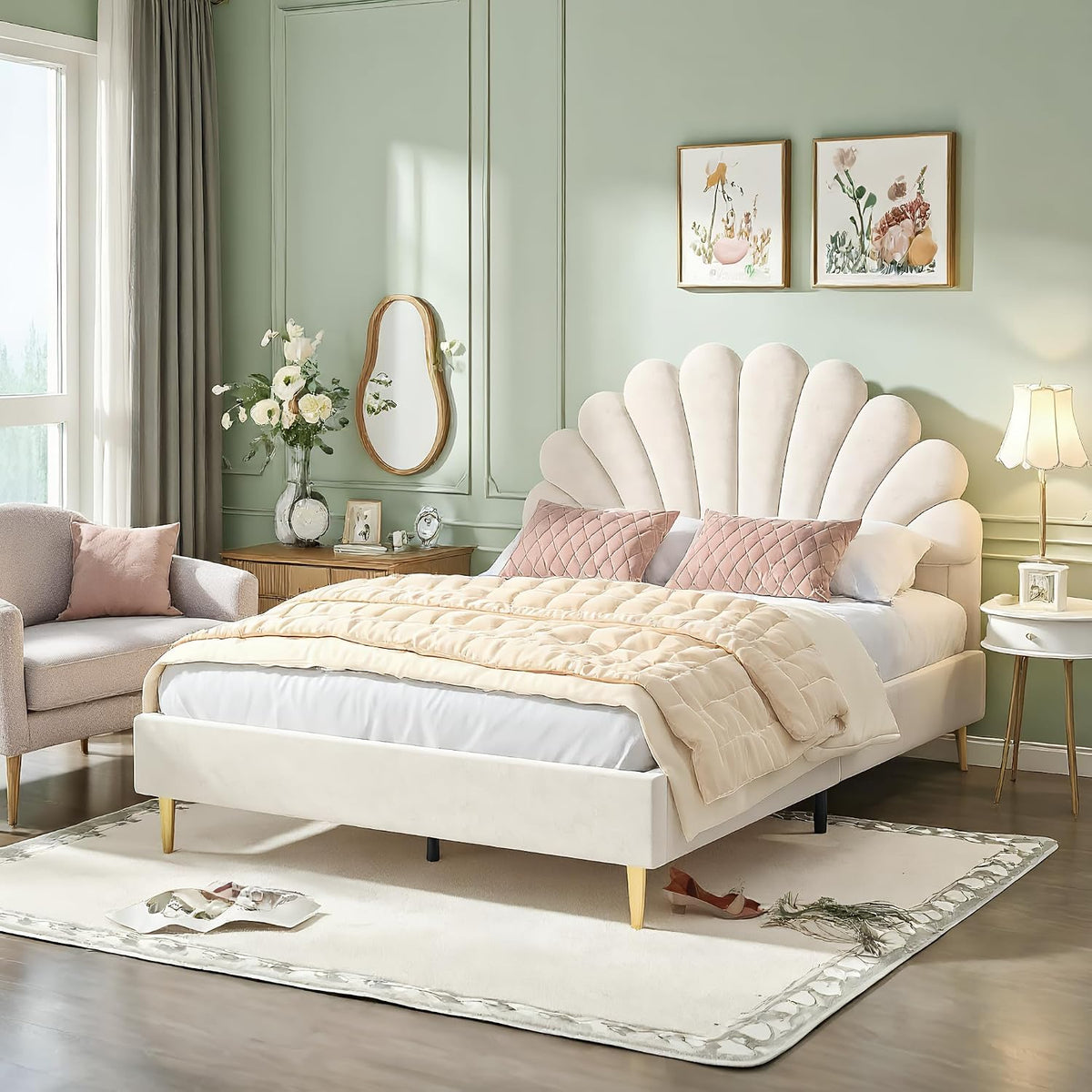 Letto NLDGR, matrimoniale, 203 × 145 × 109 cm, misura 140 × 200, velluto, Bianco, con rete a doghe, imbottito, per camera da letto