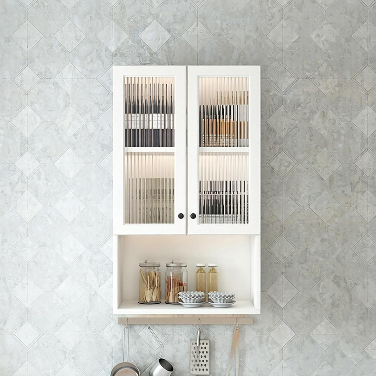 Hltdzer Vetrina pensile, 80 × 30 × 97 cm, Bianco, legno, vetro, regolabile, per bagno