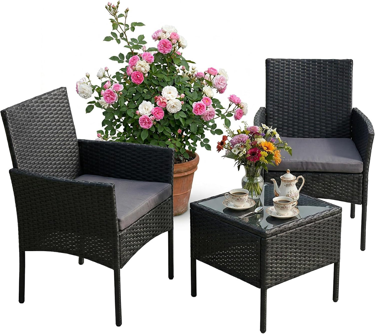 Set da pranzo da giardino Relaxdays, 2 poltrone, 82 × 57 × 58 cm, 40 × 40 × 40 cm, rattan, vetro, Nero, sfoderabile, per giardino e terrazzo