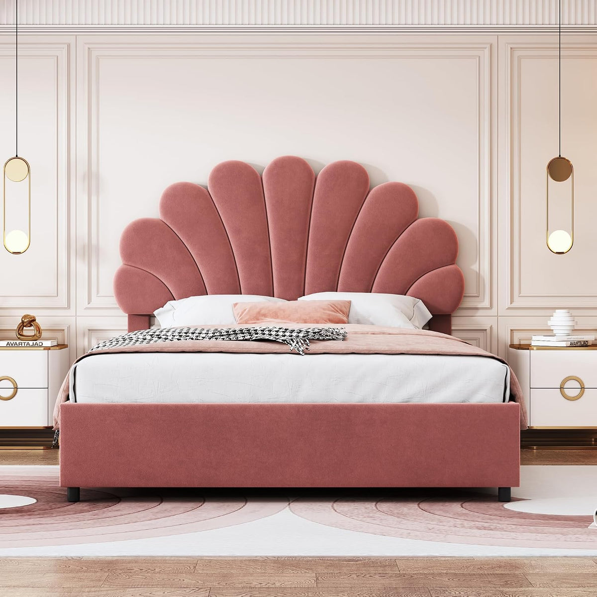 Letto MSMOK, 203 × 140 × 119 cm, velluto, tessuto, Rosa, regolabile, con rete a doghe, imbottito, per camera da letto