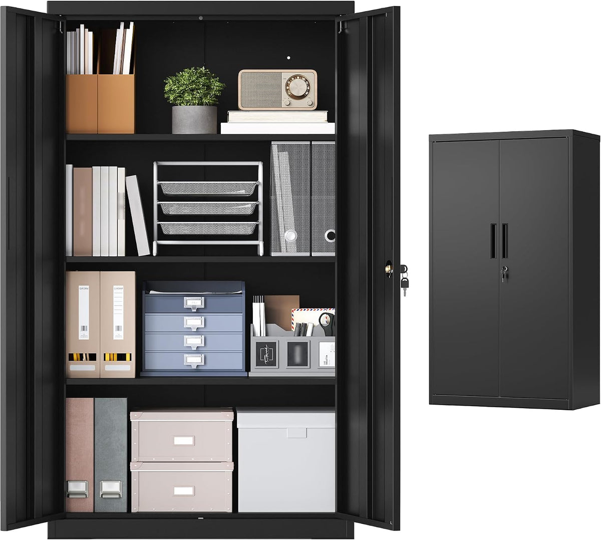 SONGMICS Armadio, OMC020BD01, regolabile, 80 × 40 × 140 cm, 2 ante, 3 ripiani, Nero, acciaio, metallo, per ufficio