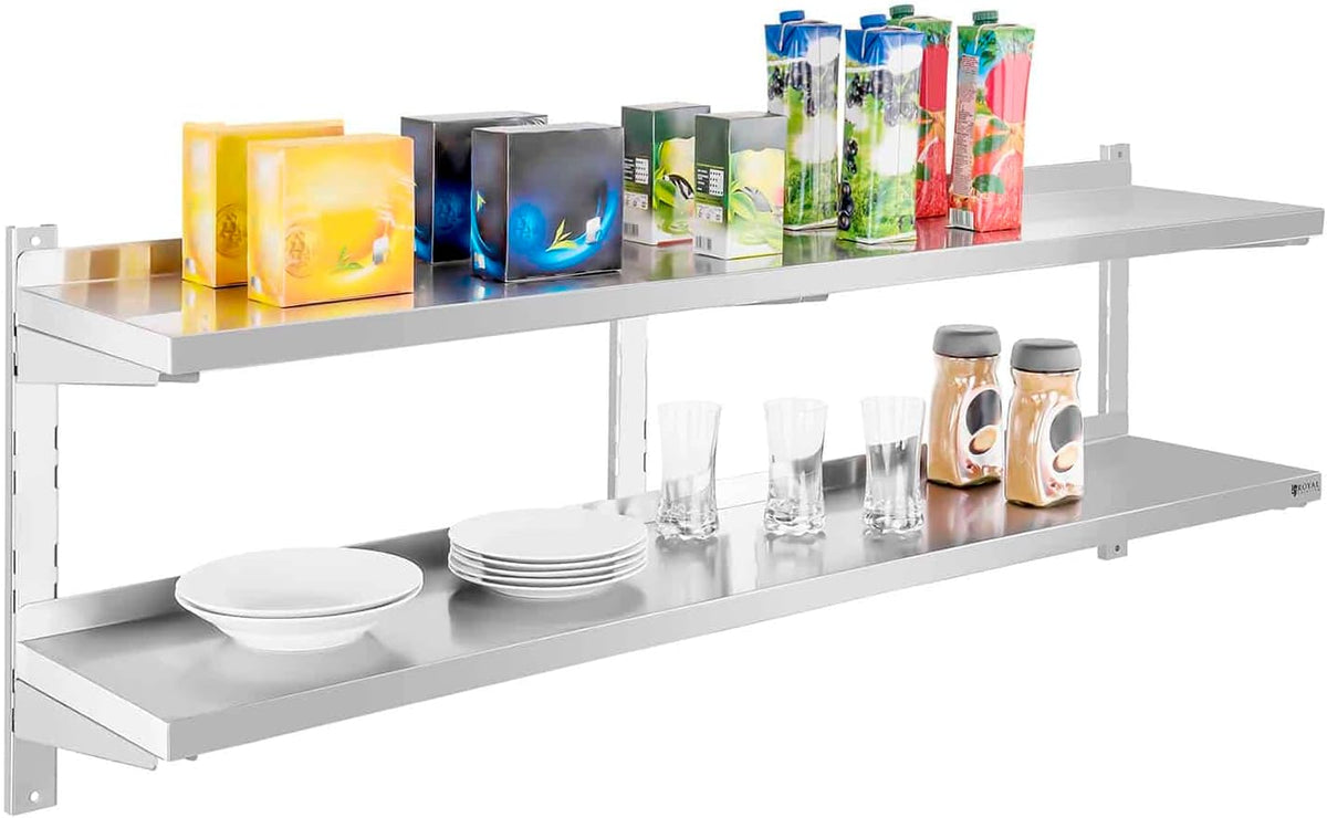 Ripiano pensile Royal Catering, RCWR-160.2, 2 × 160 × 30 cm, acciaio inox