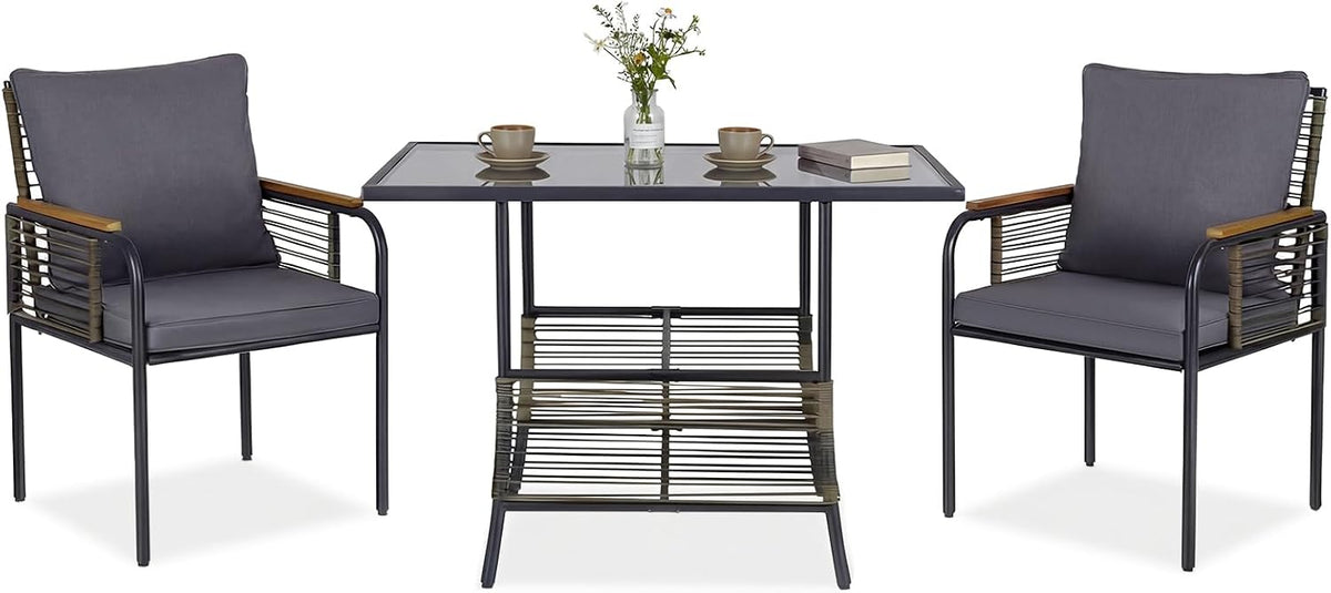 COSTWAY Set di mobili da giardino, 3 pezzi, Grigio, rattan, con cuscini, per giardino e terrazzo