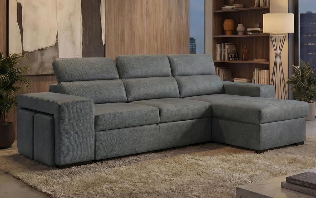 Divano letto BUDWING, 4 posti, 263 × 161 × 96 cm, Grigio scuro, con contenitore, reclinabile, regolabile, con poggiatesta, per soggiorno