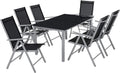 tectake Set da pranzo, 6 sedie, 150 × 90 cm, Grigio chiaro, alluminio, vetro, pieghevole, per giardino e terrazzo
