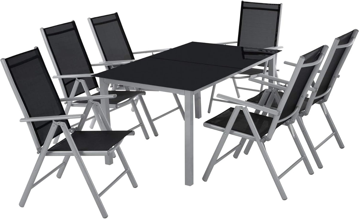 tectake Set da pranzo, 6 sedie, 150 × 90 cm, Grigio chiaro, alluminio, vetro, pieghevole, per giardino e terrazzo