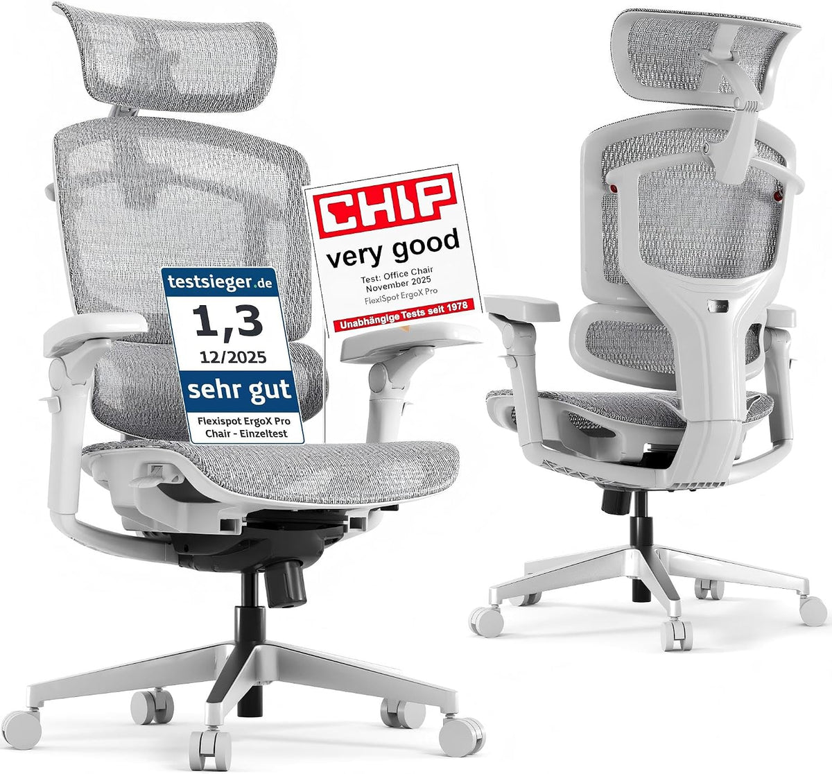 Sedia da ufficio FLEXISPOT, regolabile, con poggiatesta, con braccioli, Grigio, ergonomica, per ufficio