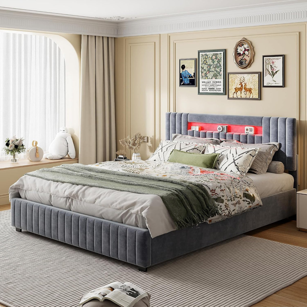 Struttura letto FOERPL, Grigio, 160 × 200 cm, velluto, materasso non incluso, con contenitore, con rete a doghe, imbottito, per camera da letto