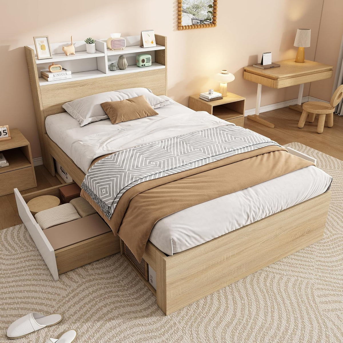 Letto Kebnor, 2 cassetti, singolo, 90 × 190 cm, 90 × 200 cm, legno massello, Bianco e rovere, per camera da letto