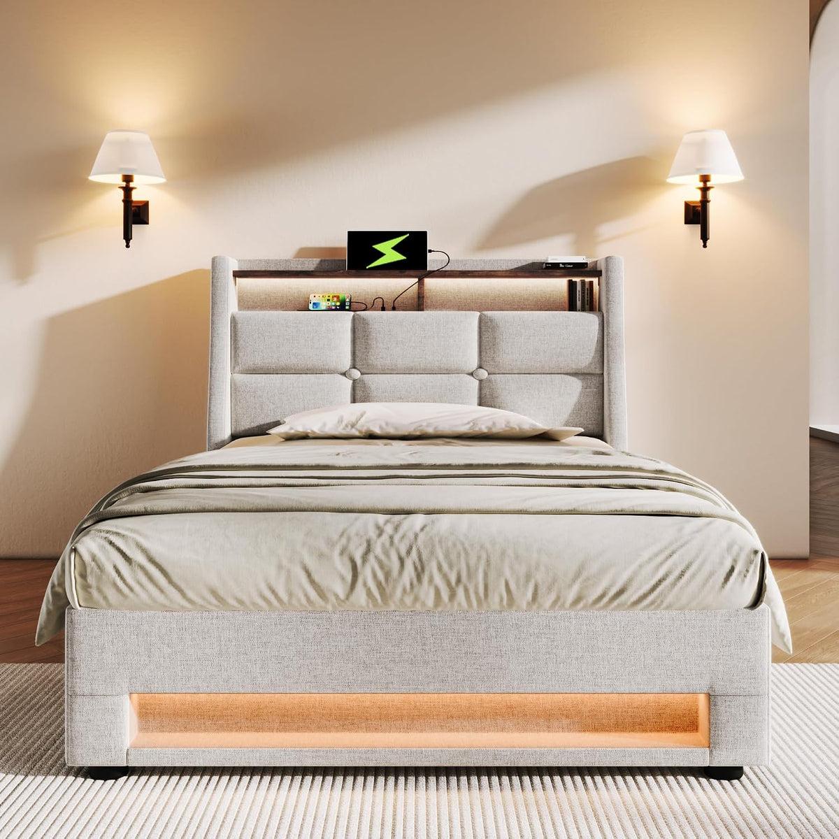 Letto Goeria, singolo, Beige, 90 × 200 cm, metallo, lino, materasso non incluso, con rete a doghe, imbottito, per camera da letto