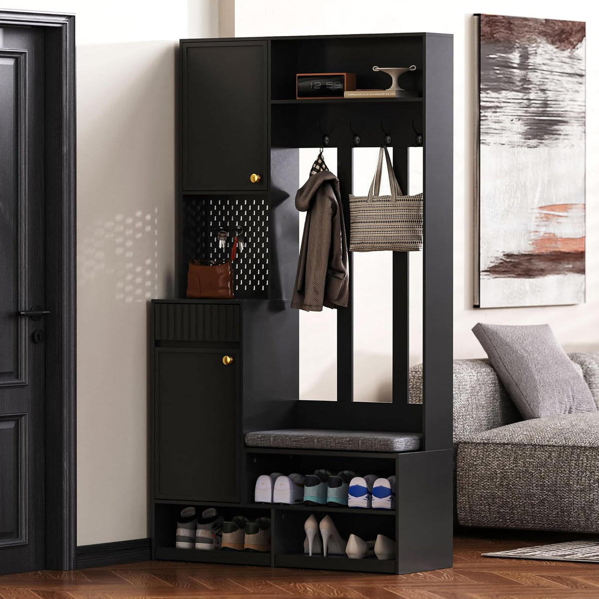 Armadio guardaroba Moimhear, 100 × 35 × 180 cm, MDF, Nero, con ruote, per camera da letto