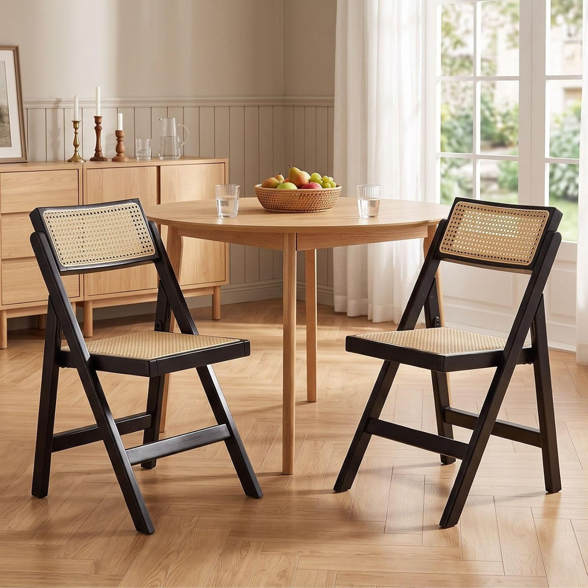Set di sedie da pranzo chairus, Nero, 2 sedie, pieghevole, legno, rattan