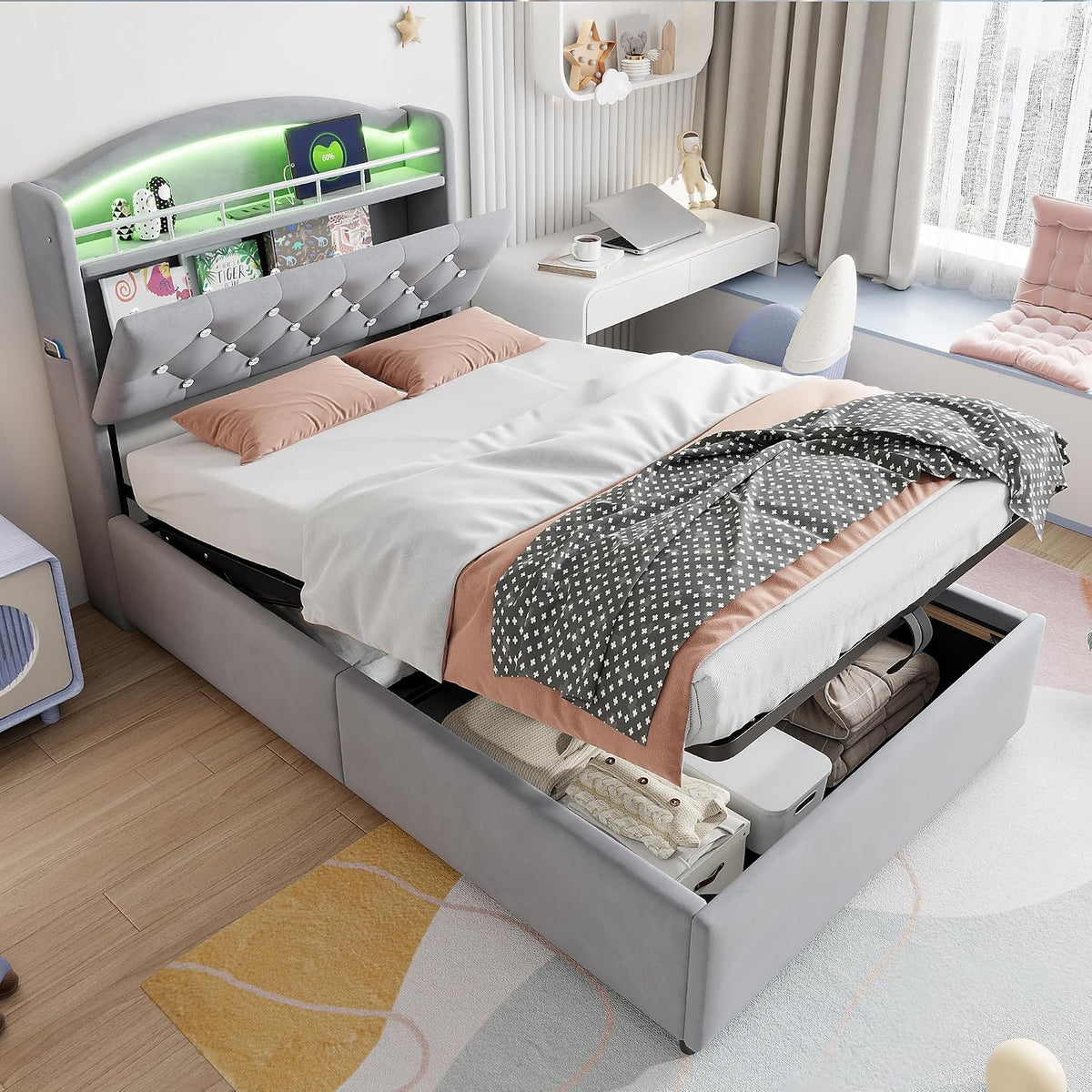 Ymkua Struttura letto, singolo, 90 × 200 cm, Grigio, velluto, con contenitore, con rete a doghe, imbottito, materasso non incluso