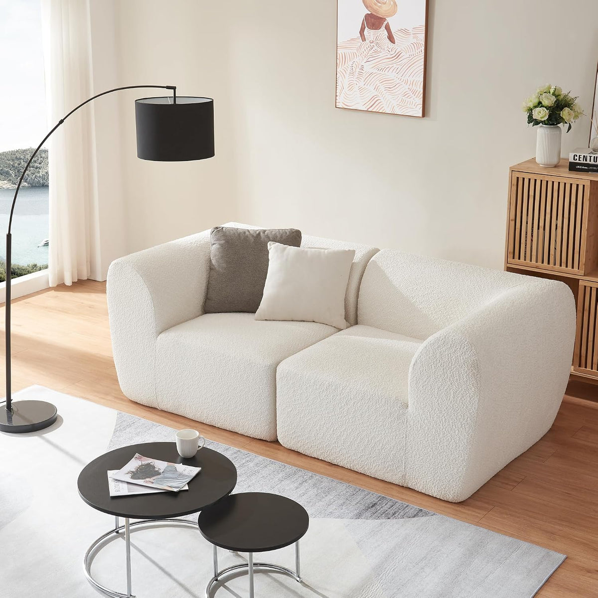 Divano modulare en.casa, 2 posti, 76 × 216 × 108 cm, tessuto, Crema, con braccioli, per soggiorno
