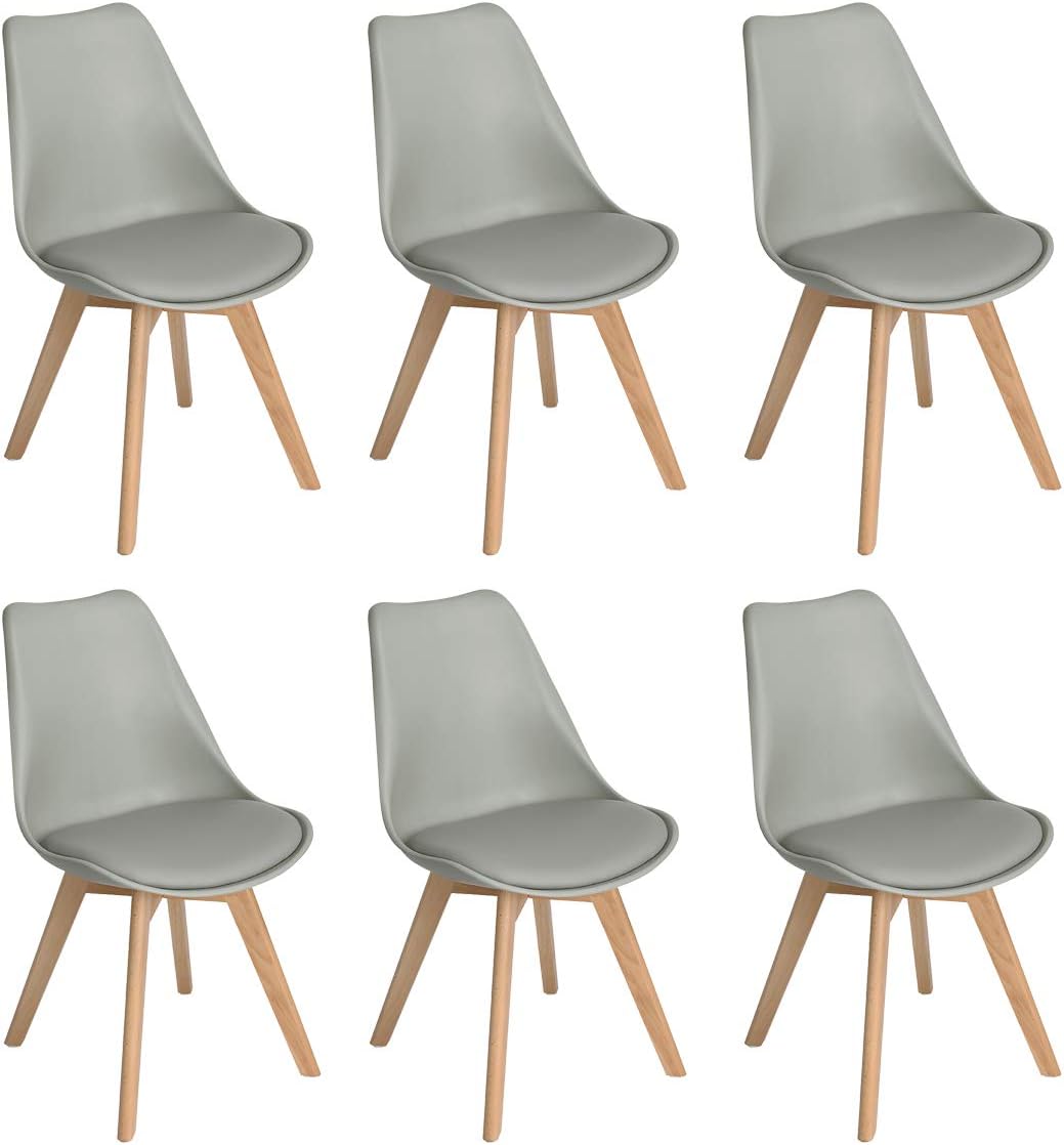 Sedia H.J WeDoo, 6 sedie, legno, pelle, Grigio, per sala da pranzo e cucina, Sedie Cucina con Gambe in Faggio