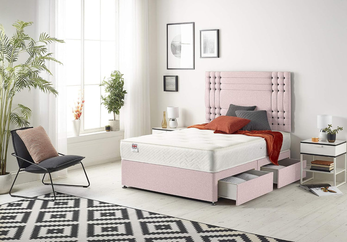 Bed Centre Flexby Set letto singolo 90 cm con materasso a molle e memory foam, 2 cassetti, testiera, tessuto peluche Rosa