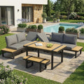 Huayz Set lounge da giardino 8 posti, divano angolare 6 posti, panca e tavolo, schienali reclinabili, acciaio
