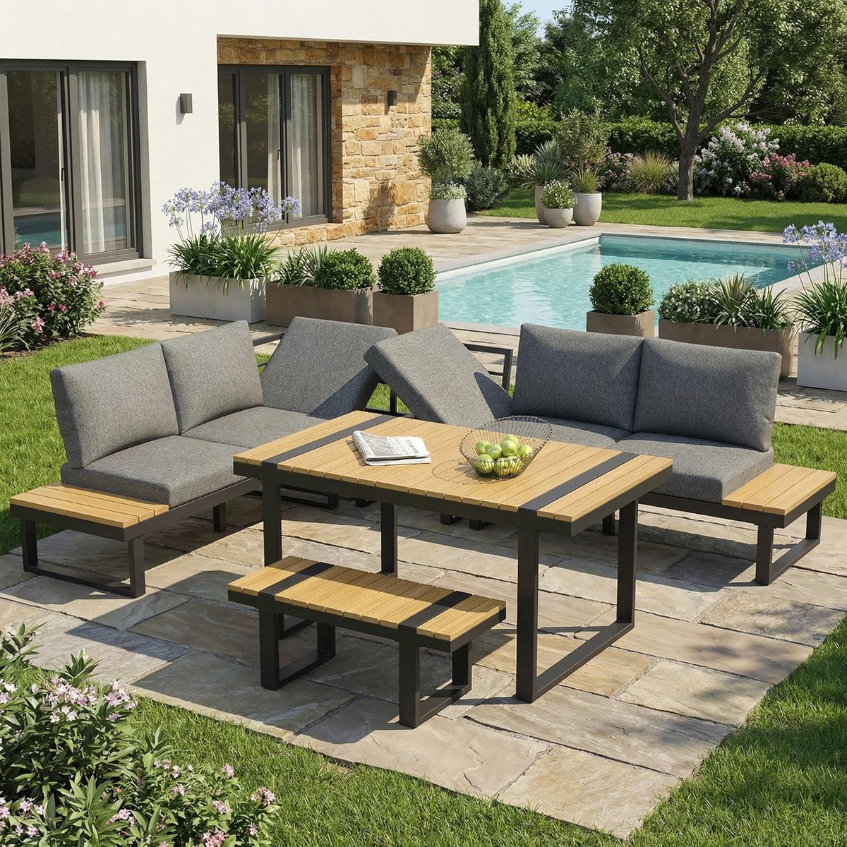 Huayz Set lounge da giardino 8 posti, divano angolare 6 posti, panca e tavolo, schienali reclinabili, acciaio
