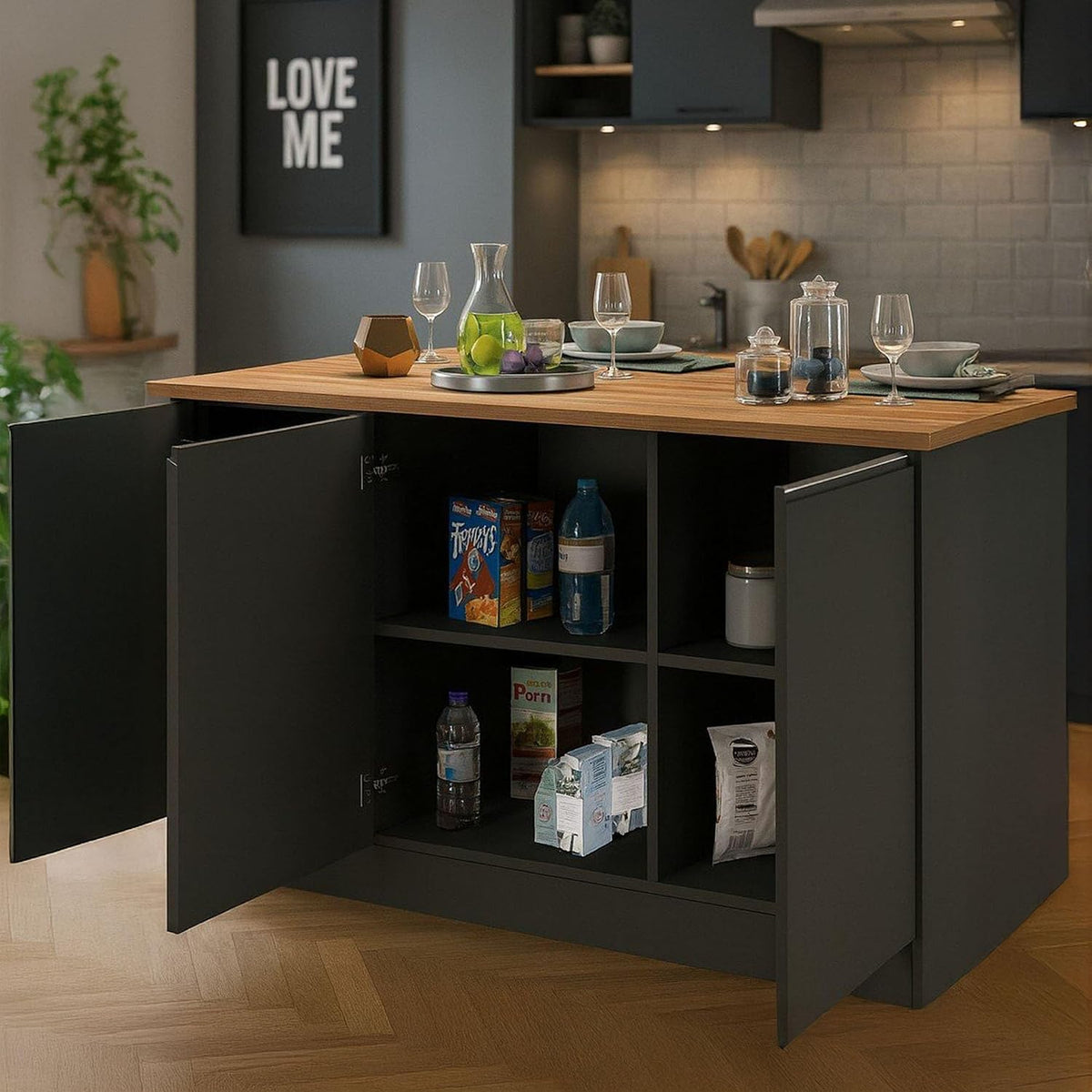 Isola da cucina Dmora, Antracite/Rovere, alluminio, per sala da pranzo e cucina