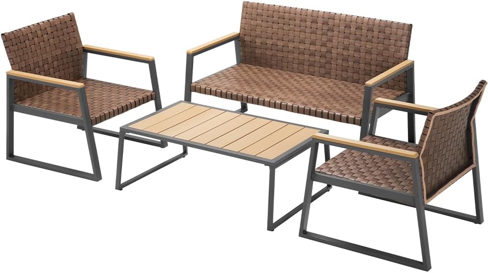 Set da pranzo da giardino BAKAJI, 65 × 57 × 74 cm, 122 × 66 × 74 cm, rattan, pelle, per giardino e terrazzo