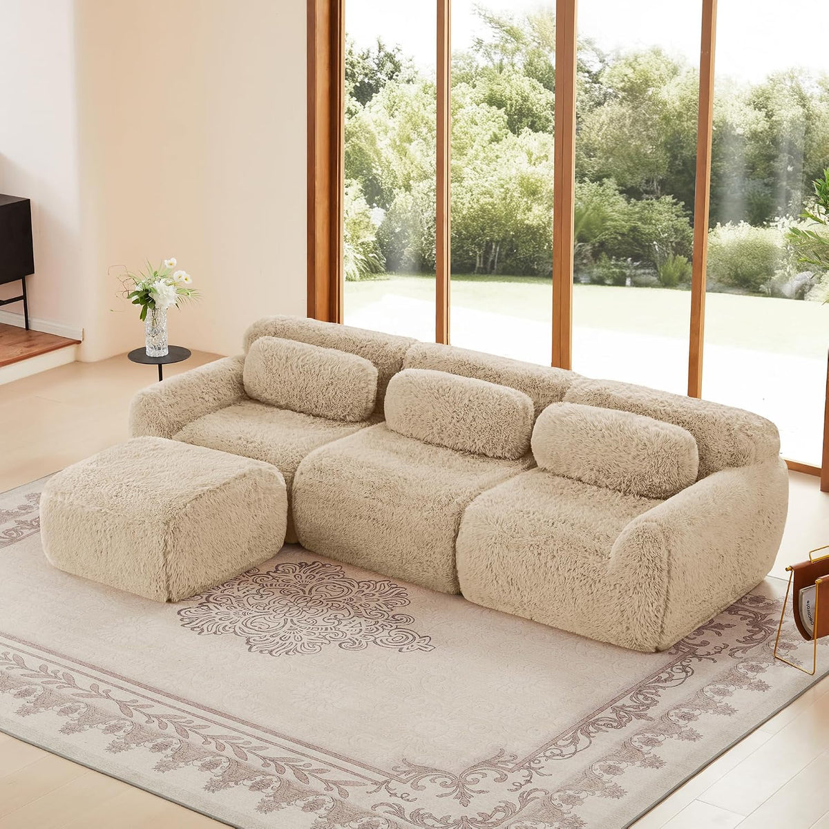 Divano angolare HMHKHN, 291 × 179 × 73 cm, tessuto, pelle, Kaki, con braccioli, per soggiorno